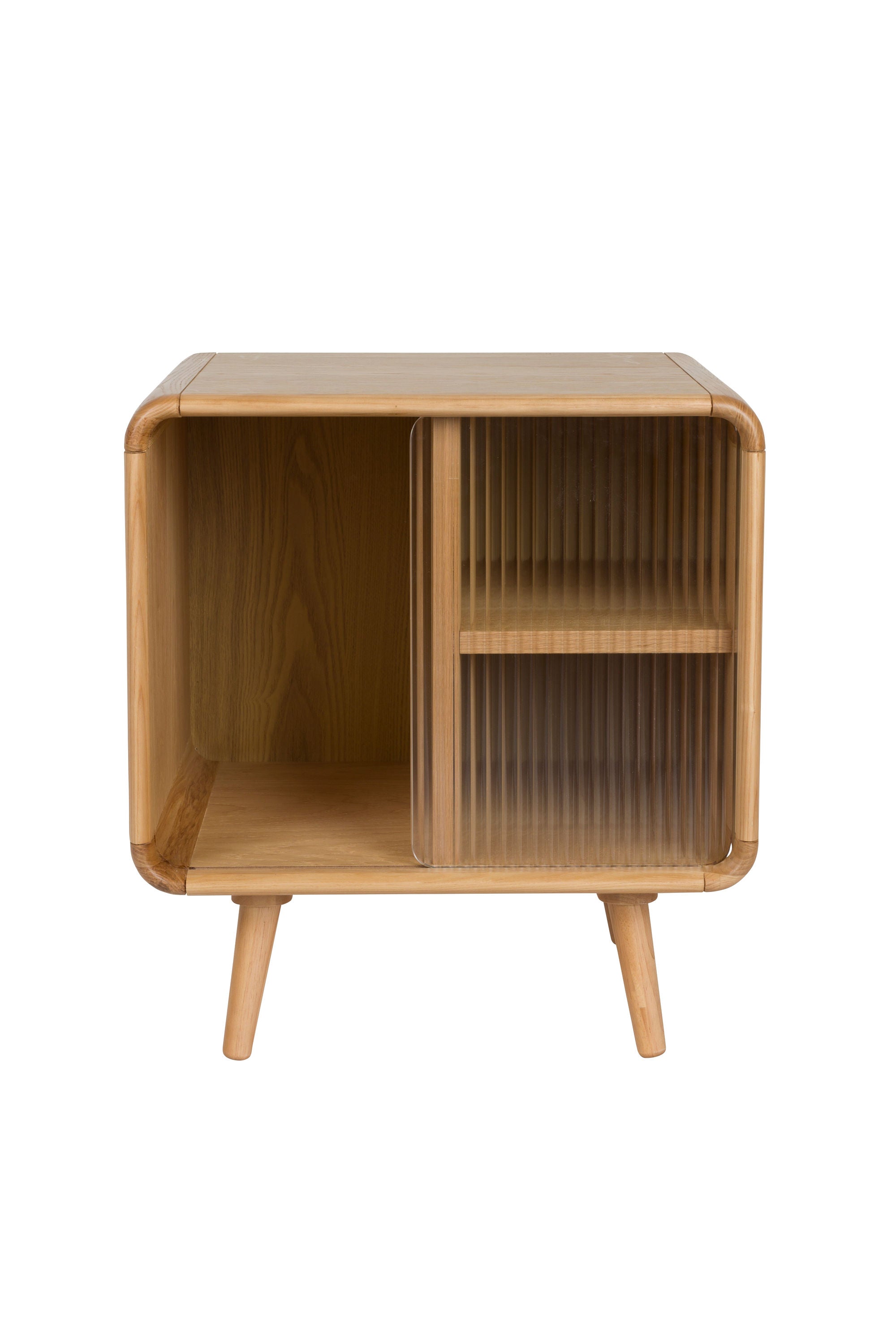 Zuiver Rise Natural Oak Wood & Ribbed Glass Bedside Table